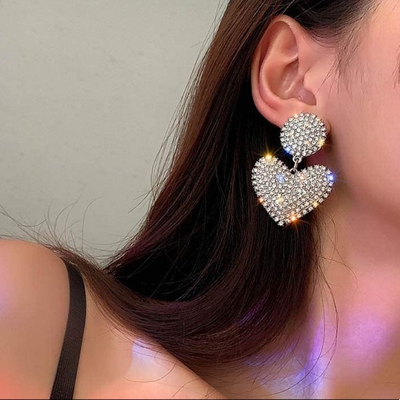 Heart Earrings Vintage Earrings Rhinestone Earrings Dangle Vintage Jewelry - Picture 2 of 6